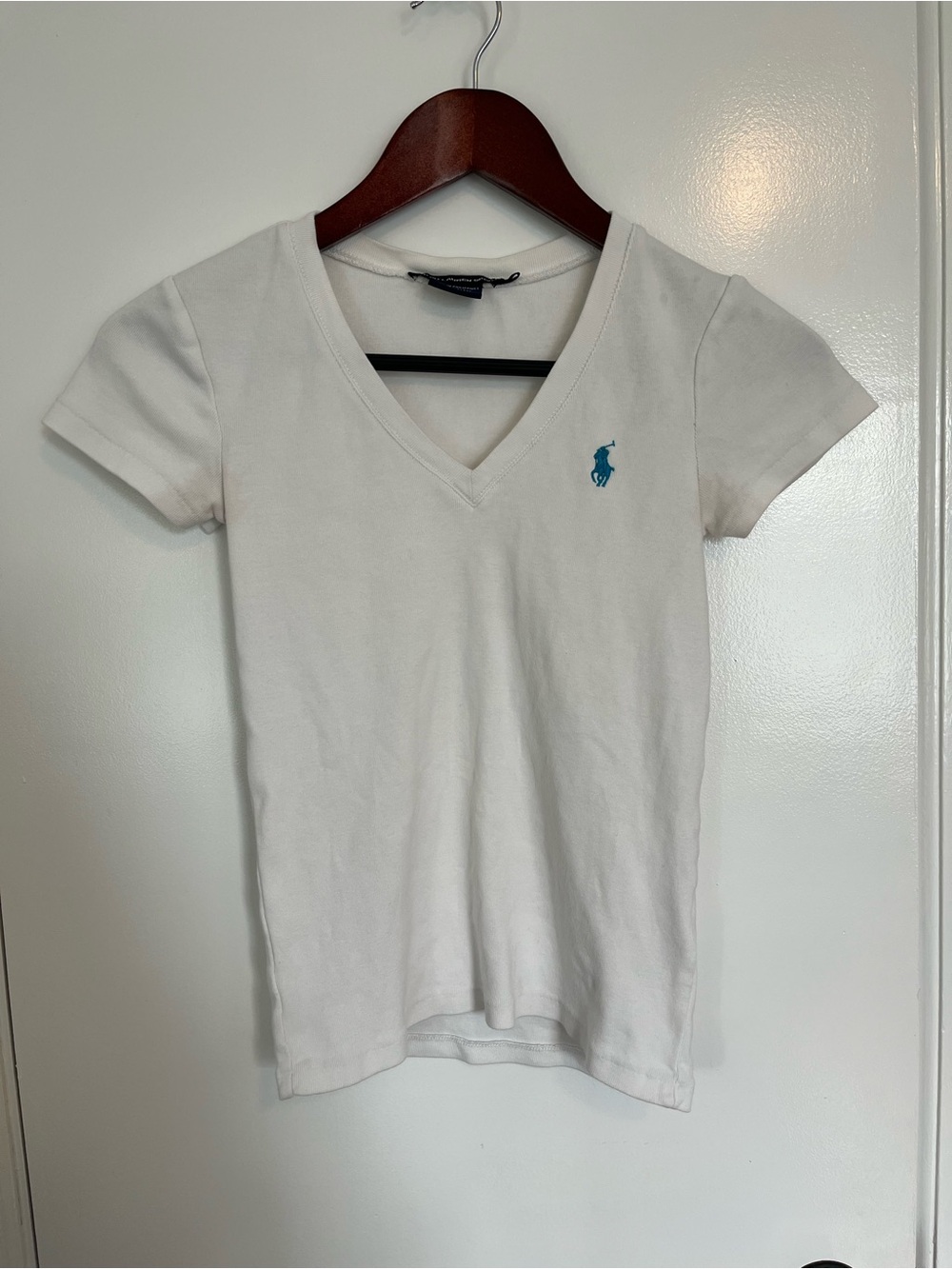 Ralph Lauren White V-Neck Tee with Teal Polo Logo